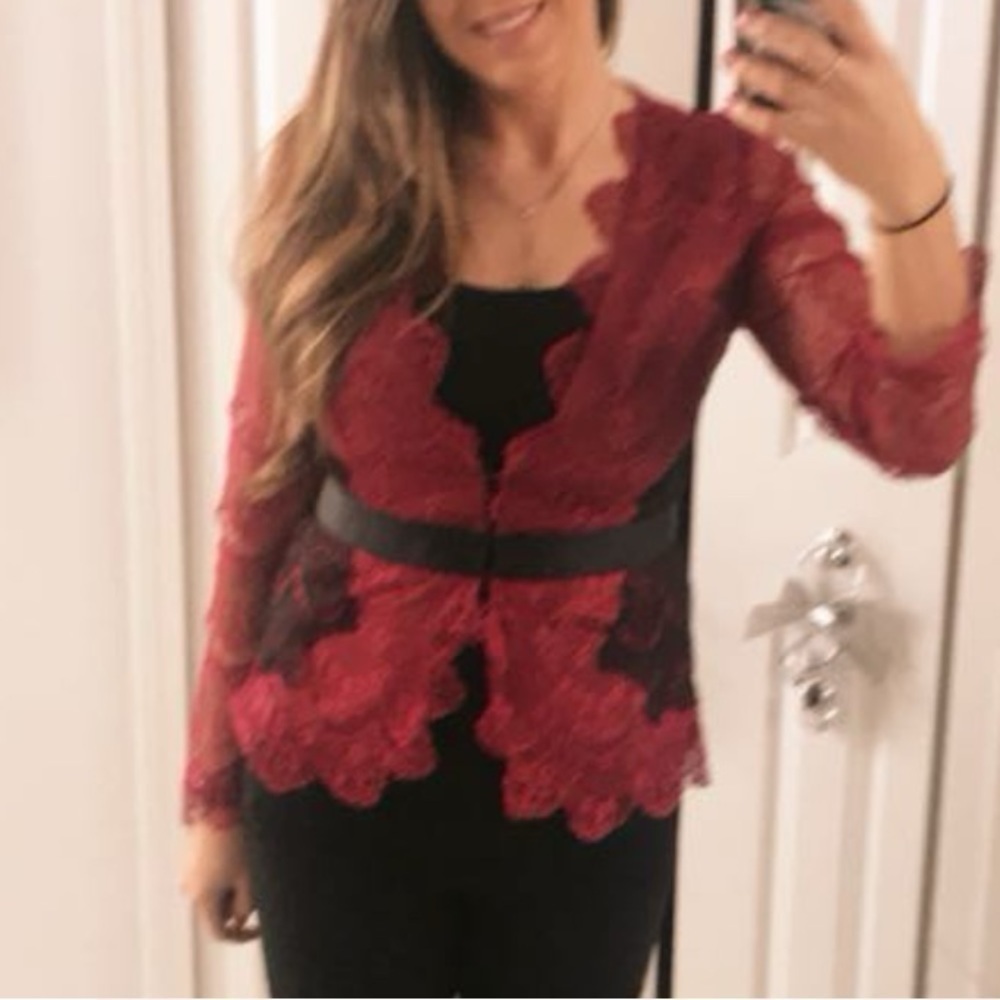 VENUS Red Lace Sheer Sleeve Holiday Blazer Jacket - Picture 7 of 7